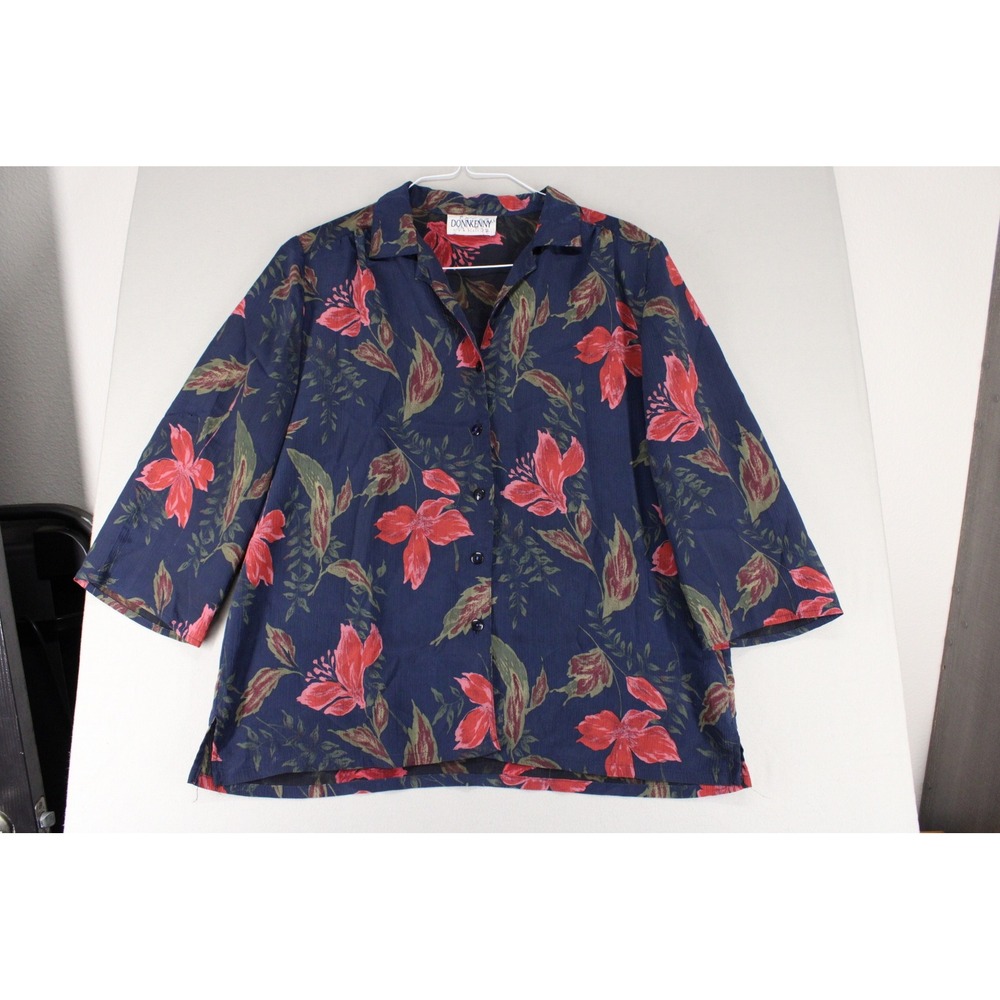 Donnkenny Classics Navy Blue Red Floral Tropical Button Front Blouse 3/4 Sleeve